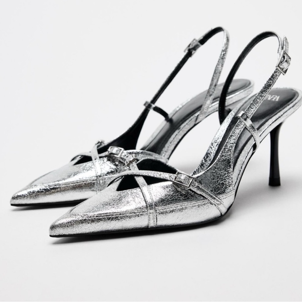 Zara Metallic Silver Slingback Pointed-Toe Heels